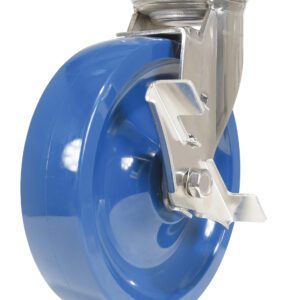 A blue caster wheel with a metallic swivel mount and bracket, designed for furniture or equipment mobility. The shiny, durable components resemble the Vestil 8X2 Solid Polyurethane (Spu) Swivel W/Brake. The wheel is angled slightly.