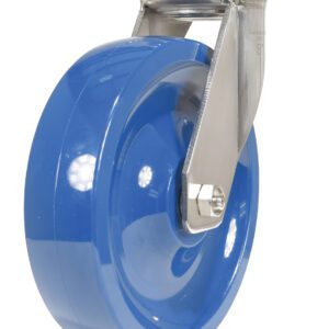 The blue Vestil 8X2 Solid Polyurethane (Spu) Swivel caster wheel features a metal bracket with a mounting plate for easy installation, a glossy finish, and a swivel mechanism for smooth movement.