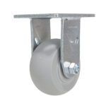 The Vestil 4X2 Polyolefin Rigid caster wheel, in smooth gray, includes a metal mounting bracket and mounting holes. This non-swiveling wheel is ideal for stable use on various surfaces.