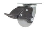 The Vestil 4X2 Polyolefin Swivel W/ Total Brake comes with a gray rubber tire, metal mounting plate, and black foot pedal for complete braking, improving furniture or equipment mobility.