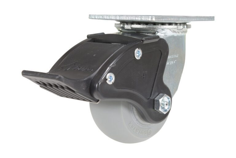 The Vestil 4X2 Polyolefin Swivel W/ Total Brake comes with a gray rubber tire, metal mounting plate, and black foot pedal for complete braking, improving furniture or equipment mobility.
