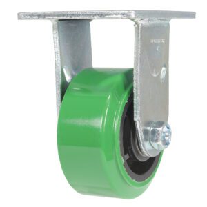 The Vestil 4X2 Polyolefin Rigid boasts a green, round, smooth caster wheel with a gray metal bracket. Ideal for equipment or furniture, it includes a flat plate for secure bolt-on attachment.