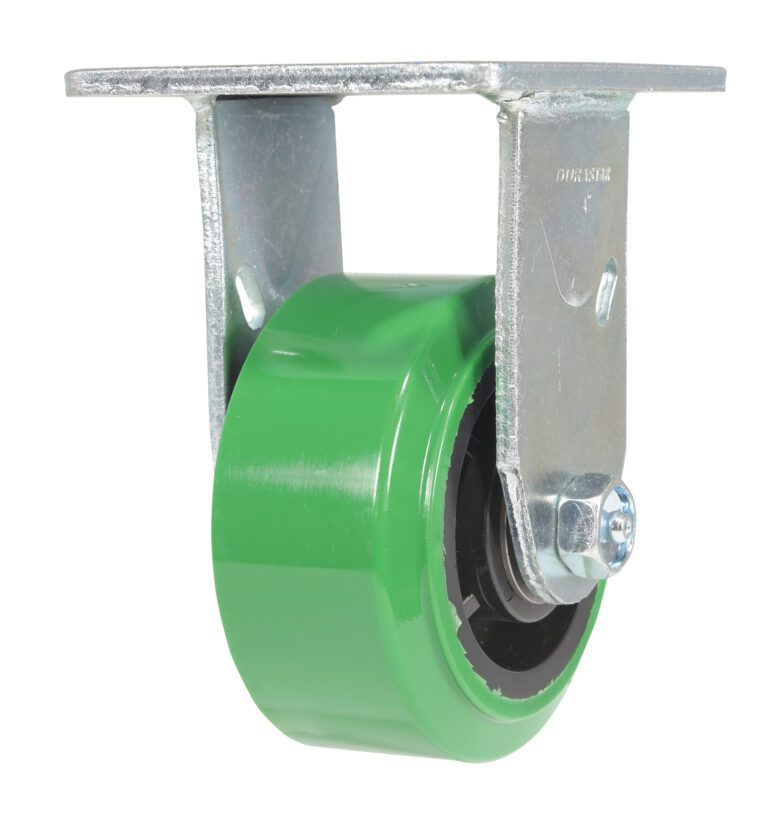 CST-F34-4X2DT-R_A.jpg The Vestil 4X2 Polyolefin Rigid boasts a green, round, smooth caster wheel with a gray metal bracket. Ideal for equipment or furniture, it includes a flat plate for secure bolt-on attachment.
