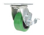 The green-wheeled Vestil 4X2 Polyolefin Swivel caster with brake features a square top metal plate for easy mounting, and the durable wheel is inscribed with Duratough.