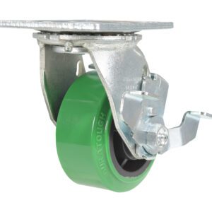 The green-wheeled Vestil 4X2 Polyolefin Swivel caster with brake features a square top metal plate for easy mounting, and the durable wheel is inscribed with Duratough.