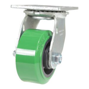 A close-up image shows the Vestil 4X2 Polyolefin Swivel caster wheel, green with a DURATOUGH embossment, attached to a gray metal swivel mounting plate. It features a smooth surface and is securely fixed with a robust bolt.