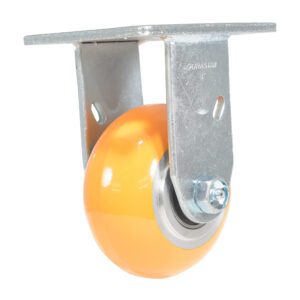 The glossy orange swivel caster wheel, suitable for the Vestil 4X2 Aluminum Rigid series, has a metallic frame, sturdy metal bracket, and bolt and nut visible in its design.