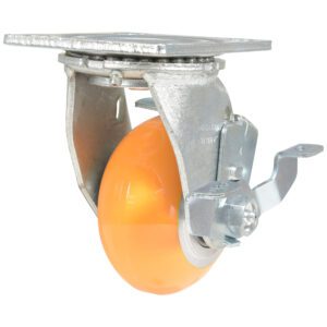 The Vestil 4X2 Aluminum Swivel W/ Brake caster boasts a vibrant orange wheel, a sturdy mounting plate, and a side locking mechanism for secure placement, all on a plain white background.