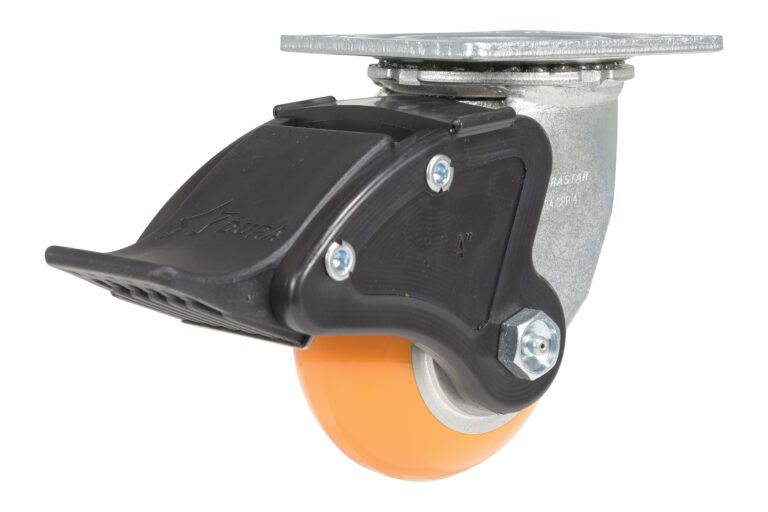CST-F34-4X2SI-SWTB1_A.jpg The Vestil 4X2 Aluminum Swivel W/ Total Brake has an orange rubber wheel, metal mounting plate, and black plastic brake lever for secure locking. It is designed for smooth mobility and easy attachment to a metal frame for versatile use.