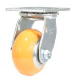 The Vestil 4X2 Aluminum Swivel, featuring a glossy orange wheel and metal bracket with mounting plate, is pictured on a white background. Its perfect for enhancing equipment or furniture mobility.