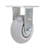 The Vestil 5X2 Polyolefin Rigid features a gray, smooth-rounded caster wheel design for easy rolling. Its shiny metal bracket with visible screws and a flat top allows for simple attachment to surfaces.