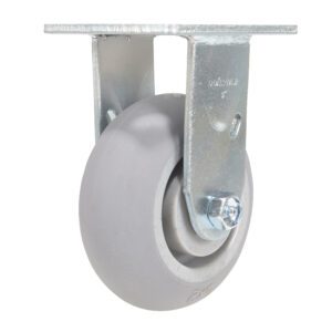 The Vestil 5X2 Polyolefin Rigid features a gray, smooth-rounded caster wheel design for easy rolling. Its shiny metal bracket with visible screws and a flat top allows for simple attachment to surfaces.