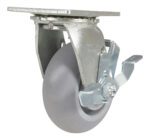 The Vestil 5X2 Polyolefin Swivel W/ Brake is a gray caster wheel with a metal mounting plate, integrated brake, round rubber tire, and shiny metal bracket for easy movement and control.