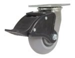 The Vestil 5X2 Polyolefin Swivel W/ Total Brake features a durable gray caster wheel with a black locking brake, and its sturdy metal mounting plate provides excellent mobility and stability for diverse uses.