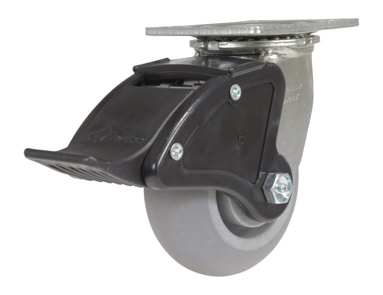CST-F34-5X2DK-SWTB1_A.jpg The Vestil 5X2 Polyolefin Swivel W/ Total Brake features a durable gray caster wheel with a black locking brake, and its sturdy metal mounting plate provides excellent mobility and stability for diverse uses.