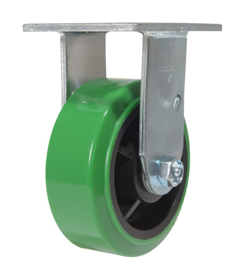 CST-F34-5X2DT-R_A.jpg The green wheel caster with a sleek Vestil 5X2 Polyolefin Rigid design features a metal bracket for mounting and is attached by a central bolt for smooth swiveling. The shiny metallic finish enhances the appeal of its metal parts.