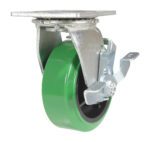 The Vestil 5X2 Polyolefin Swivel W/ Brake features a green rubber tire on a metallic swivel bracket with a locking mechanism, and it has a flat metal plate for easy attachment to surfaces or objects.