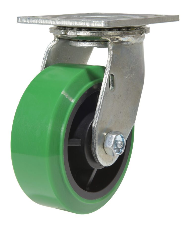 The Vestil 5X2 Polyolefin Swivel offers a green design with a metal mounting plate and bracket. Secured by a bolt, it smoothly rotates on a metal frame, and the mounting plate has four holes for easy surface attachment.