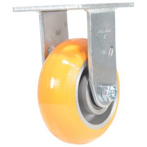 The Vestil 5X2 Aluminum Rigid features an orange rubberized wheel for smooth and durable mobility. Its mounted on a sturdy metal bracket with a top plate, ideal for heavy-duty use and effortless movement.
