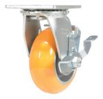 A close-up of the bright orange Vestil 5X2 Aluminum Swivel W/ Brake reveals a metallic mounting bracket with a locking mechanism, highlighting its design for heavy-duty use.