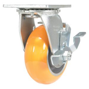 A close-up of the bright orange Vestil 5X2 Aluminum Swivel W/ Brake reveals a metallic mounting bracket with a locking mechanism, highlighting its design for heavy-duty use.