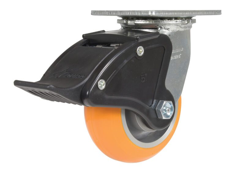 The Vestil 5X2 Aluminum Swivel W/ Total Brake is a heavy-duty caster with an orange rubber tire, metal frame, and black plastic foot-operated brake. Designed for carts or equipment, it ensures easy mobility and secure stopping with its total brake system.