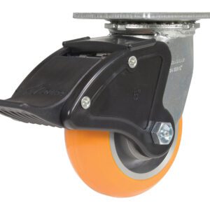 The Vestil 5X2 Aluminum Swivel W/ Total Brake is a heavy-duty caster with an orange rubber tire, metal frame, and black plastic foot-operated brake. Designed for carts or equipment, it ensures easy mobility and secure stopping with its total brake system.