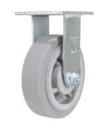 Introducing the Vestil 6X2 Polyolefin Rigid caster: a gray swivel wheel with a metal bracket for easy mounting. Made from durable polyolefin, this design ensures smooth movement, secured by a sturdy metal bolt. Perfect for your mobility needs.