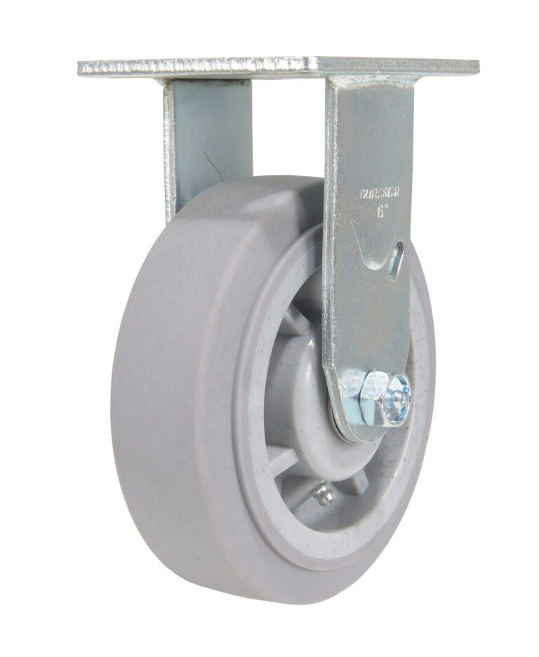 Introducing the Vestil 6X2 Polyolefin Rigid caster: a gray swivel wheel with a metal bracket for easy mounting. Made from durable polyolefin, this design ensures smooth movement, secured by a sturdy metal bolt. Perfect for your mobility needs.