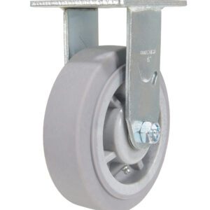 Introducing the Vestil 6X2 Polyolefin Rigid caster: a gray swivel wheel with a metal bracket for easy mounting. Made from durable polyolefin, this design ensures smooth movement, secured by a sturdy metal bolt. Perfect for your mobility needs.