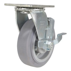 The Vestil 6X2 Polyolefin Swivel features a gray design with shiny metal housing and a mounting plate. It has a visible brake lever for simple attachment to furniture or equipment, ensuring durability and smooth movement.