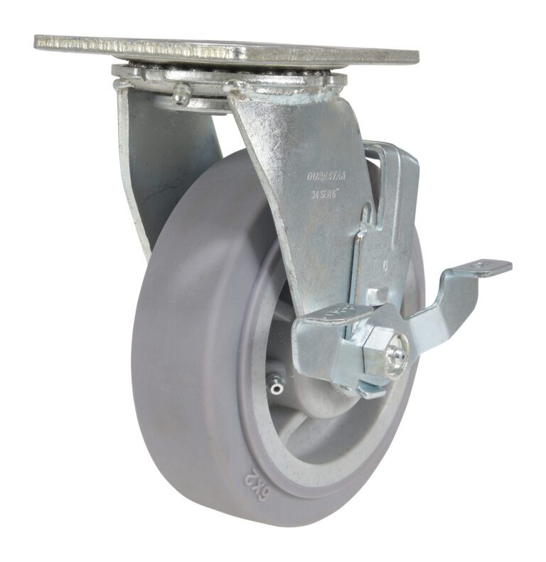 The Vestil 6X2 Polyolefin Swivel features a gray design with shiny metal housing and a mounting plate. It has a visible brake lever for simple attachment to furniture or equipment, ensuring durability and smooth movement.
