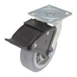 The Vestil 6X2 Polyolefin Swivel W/ Total Brake features a gray polyolefin wheel for versatile surfaces, a black locking brake, and is mounted on a metal plate for smooth mobility and secure positioning.
