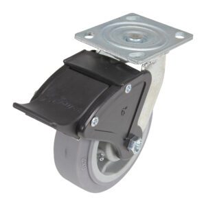 The Vestil 6X2 Polyolefin Swivel W/ Total Brake features a gray polyolefin wheel for versatile surfaces, a black locking brake, and is mounted on a metal plate for smooth mobility and secure positioning.