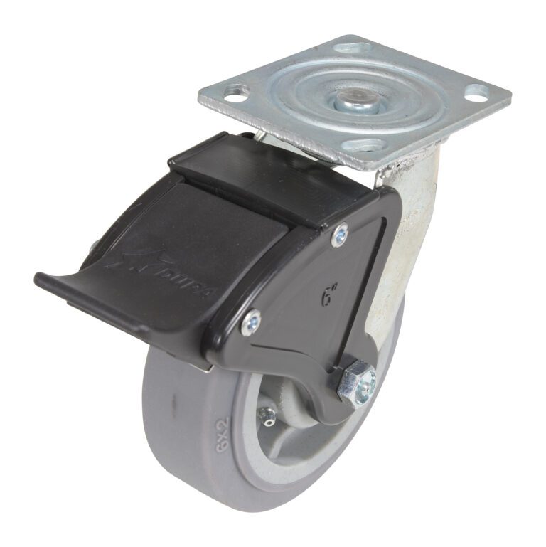 CST-F34-6X2DK-SWTB1_A.jpg The Vestil 6X2 Polyolefin Swivel W/ Total Brake features a gray polyolefin wheel for versatile surfaces, a black locking brake, and is mounted on a metal plate for smooth mobility and secure positioning.