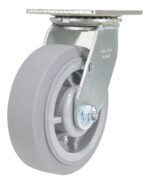 A close-up of a gray Vestil 6X2 Polyolefin Swivel caster shows it attached to a metal bracket, featuring a durable wheel made from hard polyolefin with a metal center, secured by visible nuts and bolts.