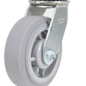 A close-up of a gray Vestil 6X2 Polyolefin Swivel caster shows it attached to a metal bracket, featuring a durable wheel made from hard polyolefin with a metal center, secured by visible nuts and bolts.