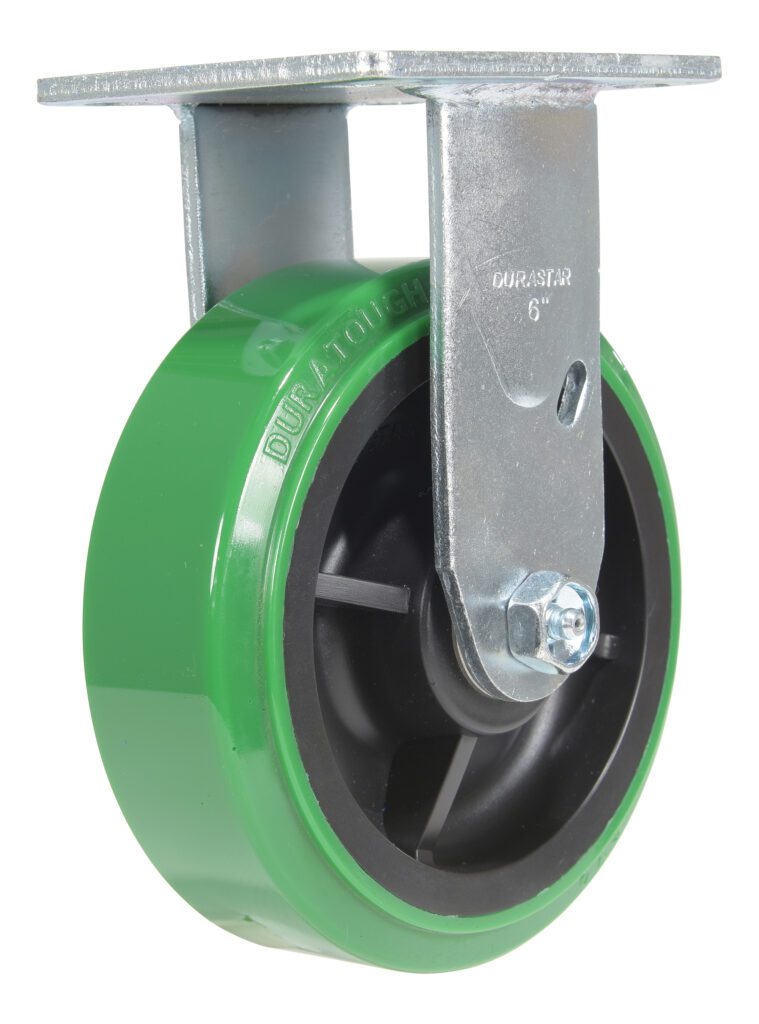 The Vestil 6X2 Polyolefin Rigid caster wheel, with a green design and black center, features a labeled text. Its metal bracket has a rectangular top with mounting holes for easy attachment.