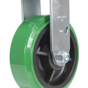 The Vestil 6X2 Polyolefin Rigid caster wheel, with a green design and black center, features a labeled text. Its metal bracket has a rectangular top with mounting holes for easy attachment.