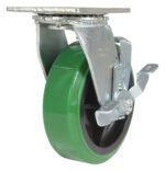 The Vestil 6X2 Polyolefin Swivel W/ Brake features a green caster wheel with a silver bracket and mount, attached to a black inner frame. Its swiveling function and reliable brake system are enhanced by a slightly reflective surface that underscores its sleek design.