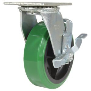 The Vestil 6X2 Polyolefin Swivel W/ Brake features a green caster wheel with a silver bracket and mount, attached to a black inner frame. Its swiveling function and reliable brake system are enhanced by a slightly reflective surface that underscores its sleek design.