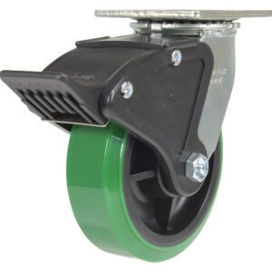 The Vestil 6X2 Polyolefin Swivel W/ Total Brake showcases a green caster wheel on a metallic swivel plate, featuring a smooth surface and black brake with ridged housing for better grip.