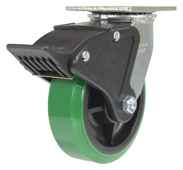 CST-F34-6X2DT-SWTB1_A.jpg The Vestil 6X2 Polyolefin Swivel W/ Total Brake showcases a green caster wheel on a metallic swivel plate, featuring a smooth surface and black brake with ridged housing for better grip.