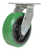 The Vestil 6X2 Polyolefin Swivel caster includes a green rubber wheel, sturdy metal bracket, and mounting plate for furniture or equipment. It features a black interior and a bolt to secure the wheel to the bracket firmly.