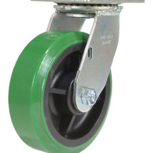 The Vestil 6X2 Polyolefin Swivel caster includes a green rubber wheel, sturdy metal bracket, and mounting plate for furniture or equipment. It features a black interior and a bolt to secure the wheel to the bracket firmly.