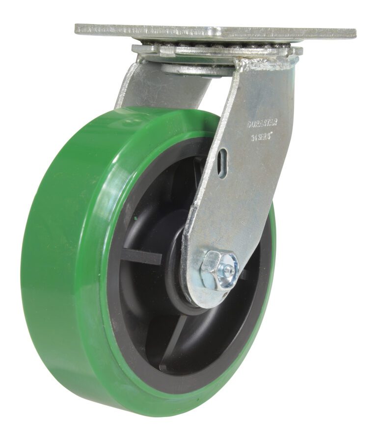 CST-F34-6X2DT-S_A.jpg The Vestil 6X2 Polyolefin Swivel caster includes a green rubber wheel, sturdy metal bracket, and mounting plate for furniture or equipment. It features a black interior and a bolt to secure the wheel to the bracket firmly.