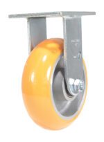 A single orange industrial caster wheel with a gray hub is mounted on a robust metal bracket, showcasing a square plate for attachment. Resembling the sturdy Vestil 6X2 Aluminum Rigid design, it stands out against a plain white background.