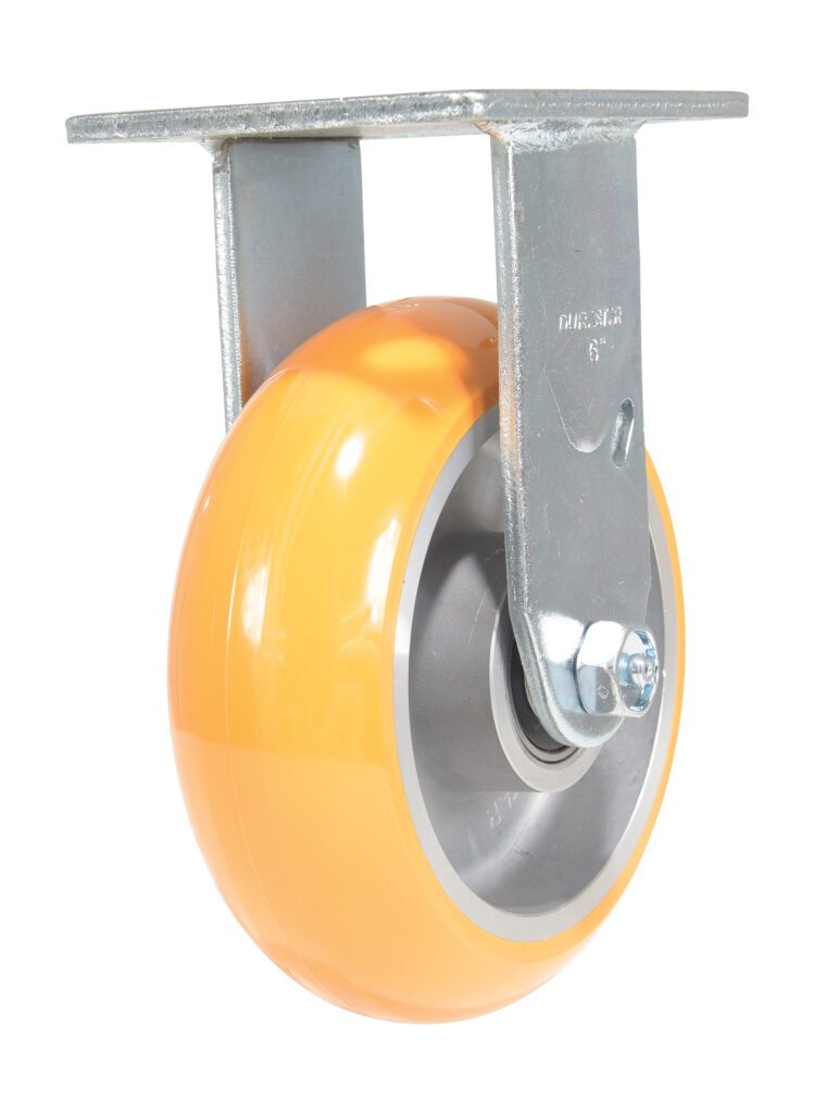 CST-F34-6X2SI-R_A.jpg A single orange industrial caster wheel with a gray hub is mounted on a robust metal bracket, showcasing a square plate for attachment. Resembling the sturdy Vestil 6X2 Aluminum Rigid design, it stands out against a plain white background.