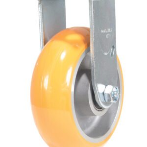 A single orange industrial caster wheel with a gray hub is mounted on a robust metal bracket, showcasing a square plate for attachment. Resembling the sturdy Vestil 6X2 Aluminum Rigid design, it stands out against a plain white background.