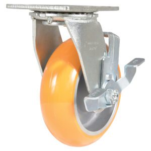 The Vestil 6X2 Aluminum Swivel W/ Brake includes a swiveling caster with a bright orange polyurethane tire, mounted on a silver metal bracket with locking lever for smooth rotation and enhanced mobility.